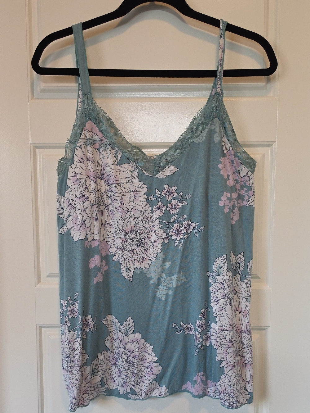 Soma Floral Lace-Trim Sleep Cami - Sage Blue with Lavender Flowers - Large